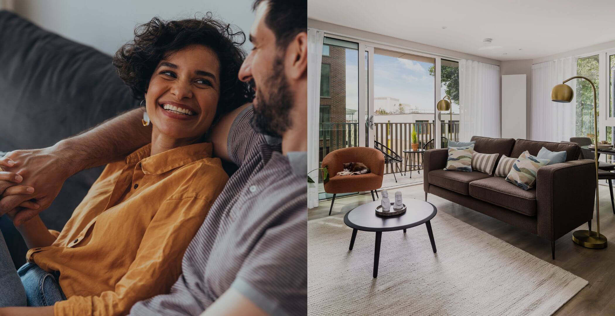 There are 2 images next to each other. The left image displays a happy couple on a sofa. The right image displays the interior of the living room with a sofa, armchair and coffee table.