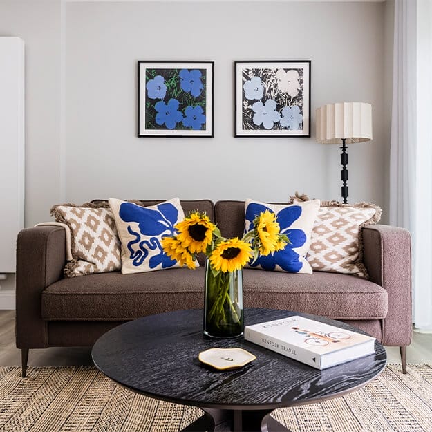 A sofa and coffee table in an apartment to rent in Deptford.